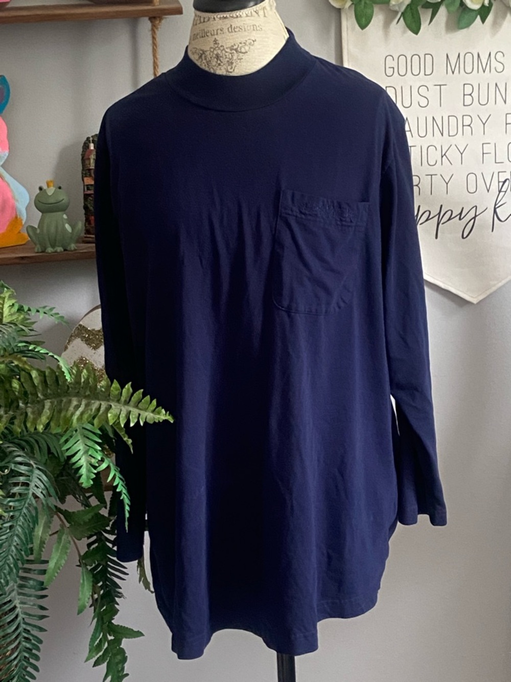 Motherhood XL Navy Blue Long Sleeve Pocket Tee w/ Floral Embroidery